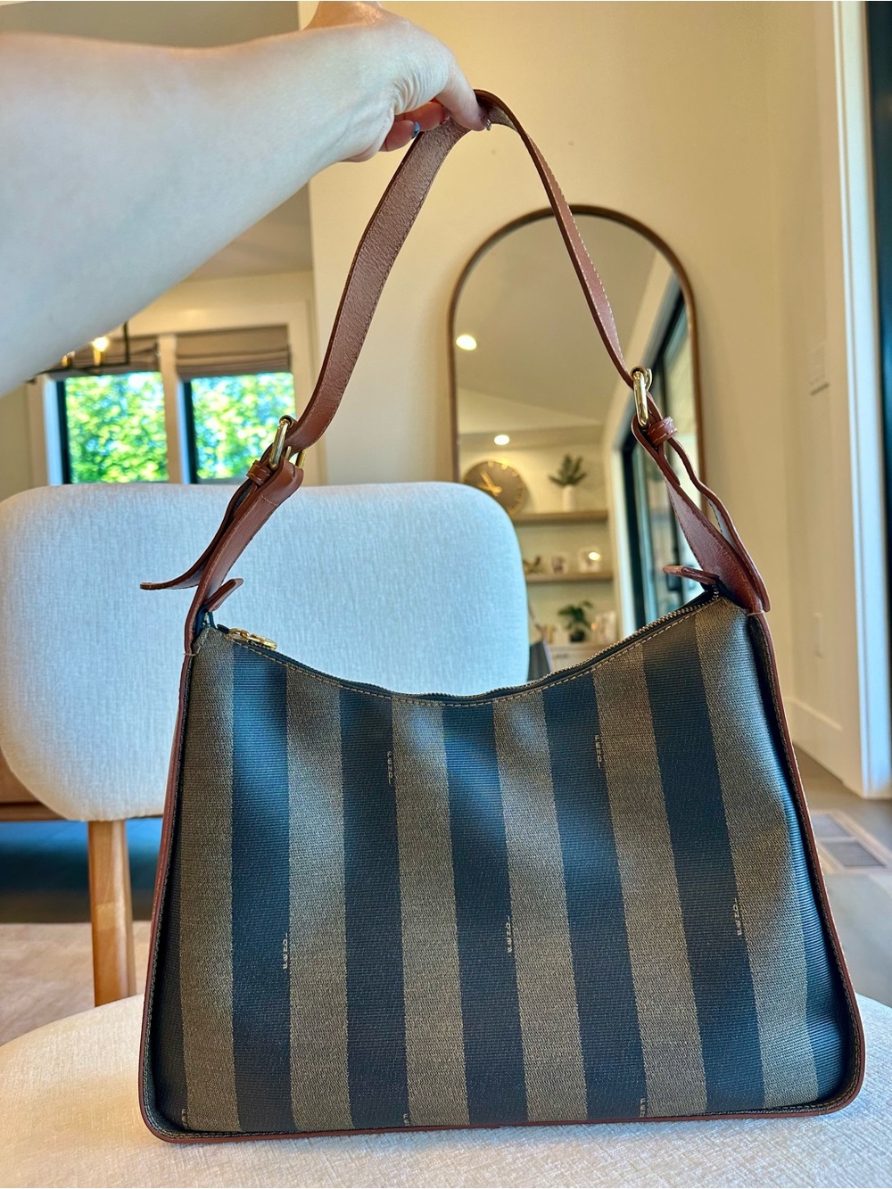 Fendi Pequin Vintage Tan and Brown Shoulder Bag Tote - Amazing Condition w/tag!